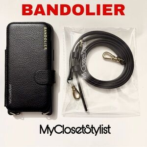 NEW Bandolier Black Leather FOLIO 12& Pro Gold iPhone Crossbody Purse CASE STRAP